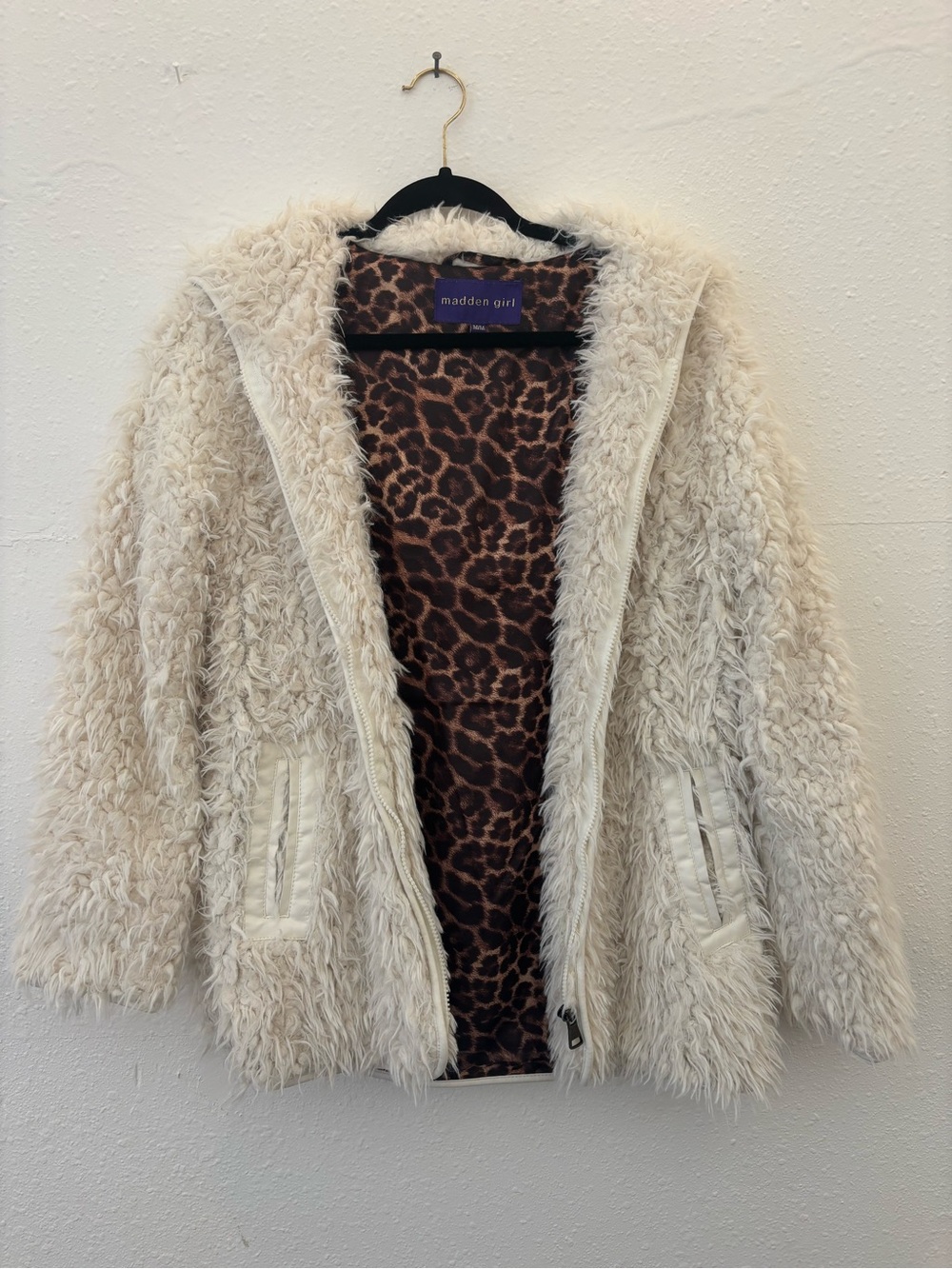 Madden Girl Cream Teddy Jacket with Leopard Lining